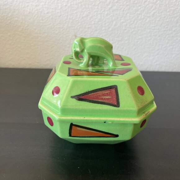 Green Art Deco Ceramic Powder Jar Elephant Knob // Vintage 1930s Trinket Jewelry